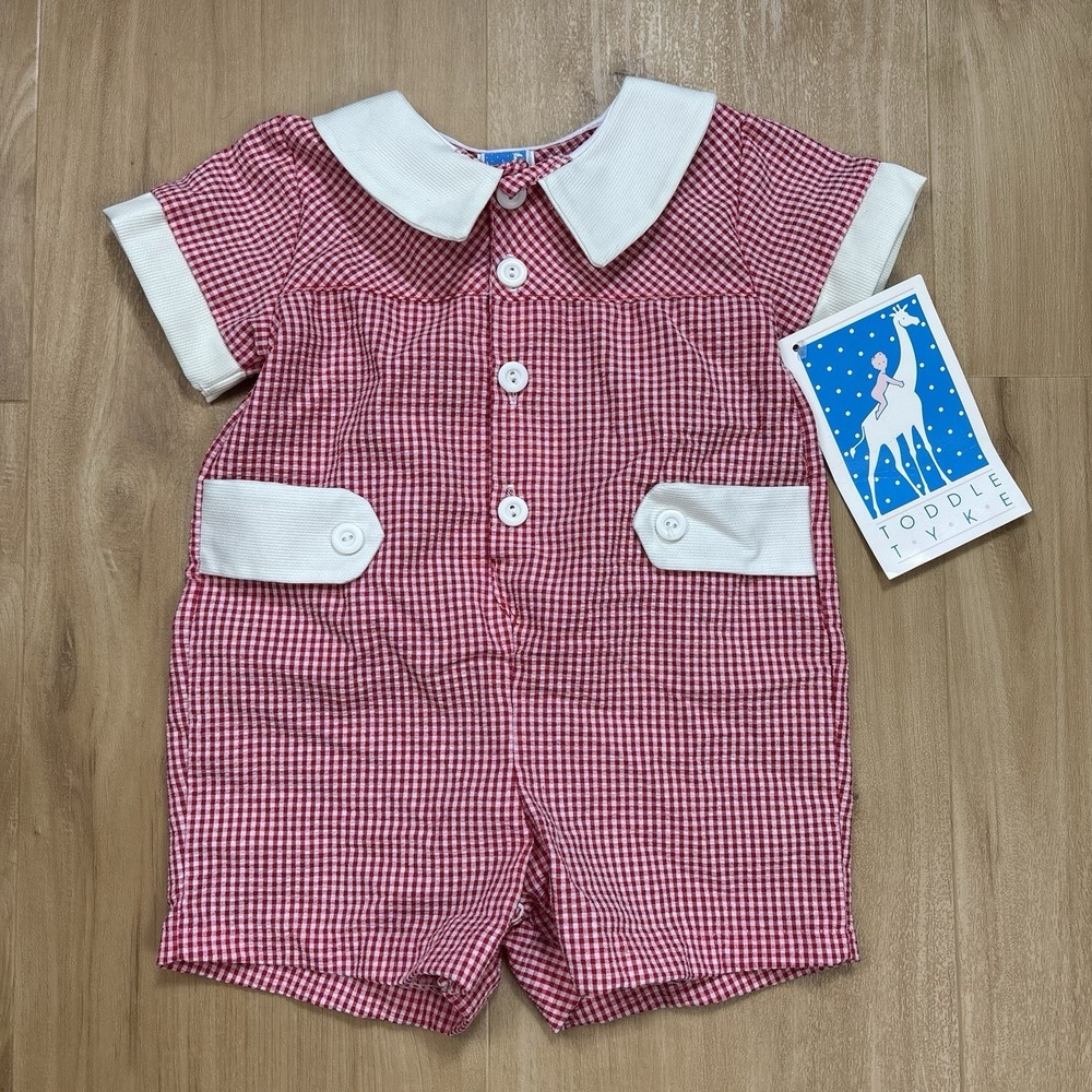 NWT Vintage Toddle Tyke Baby Romper 12 Month Red Seersucker Gingham Collared